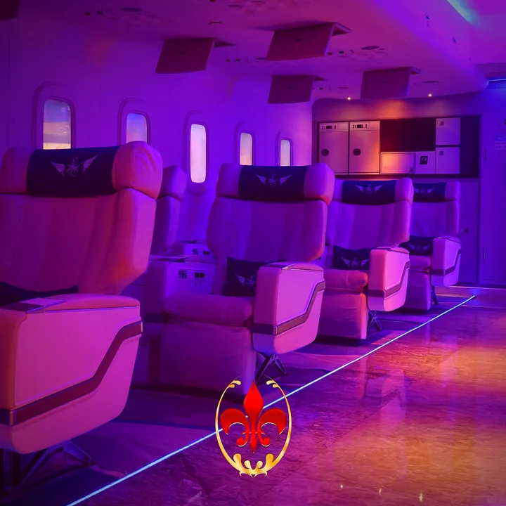 Purple aircraft cabin lounge room