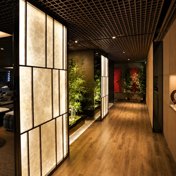 Wood corridor leading to private rooms